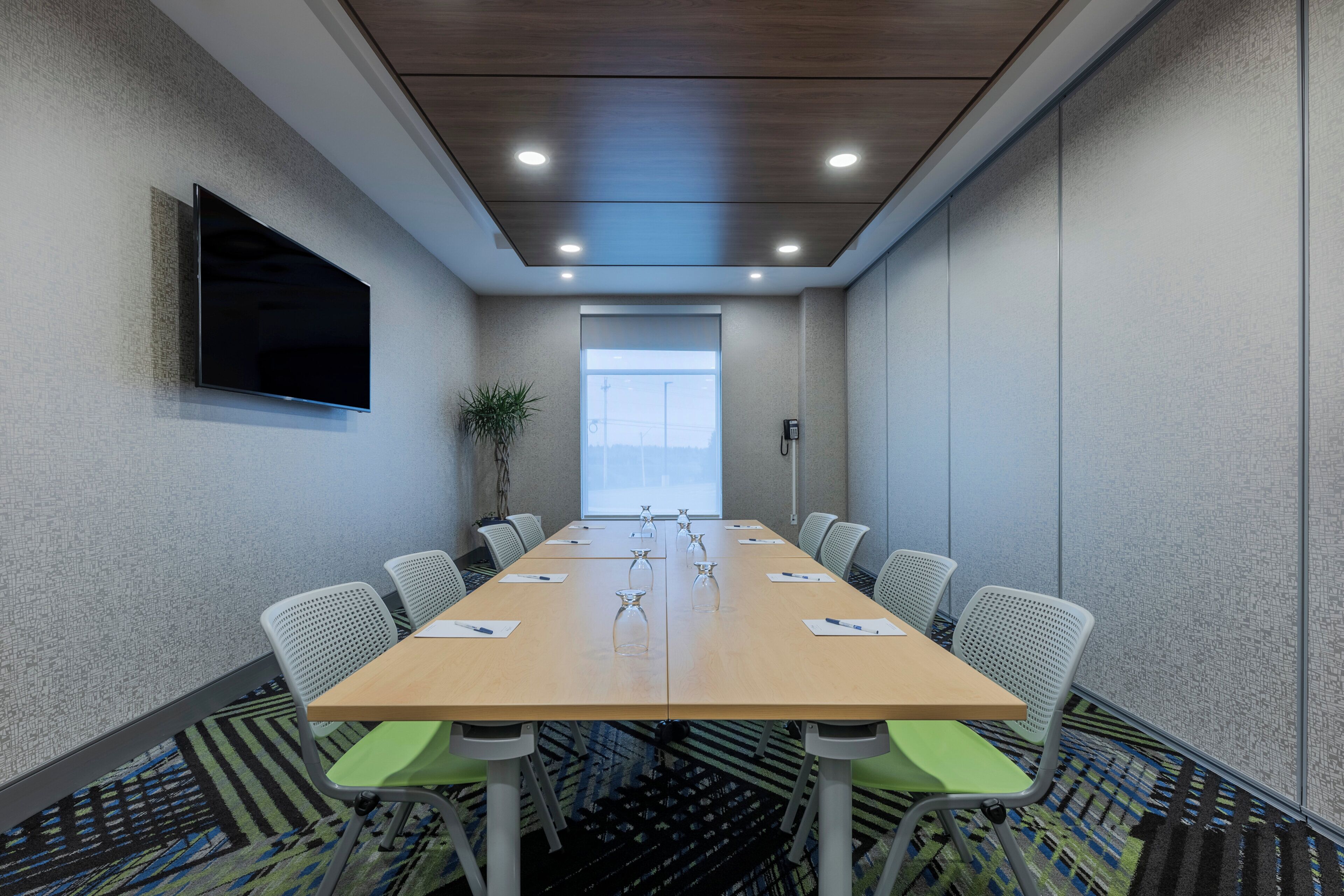 Une salle de conférence avec une longue table, des chaises, une plante, un téléviseur fixé au mur et une fenêtre.