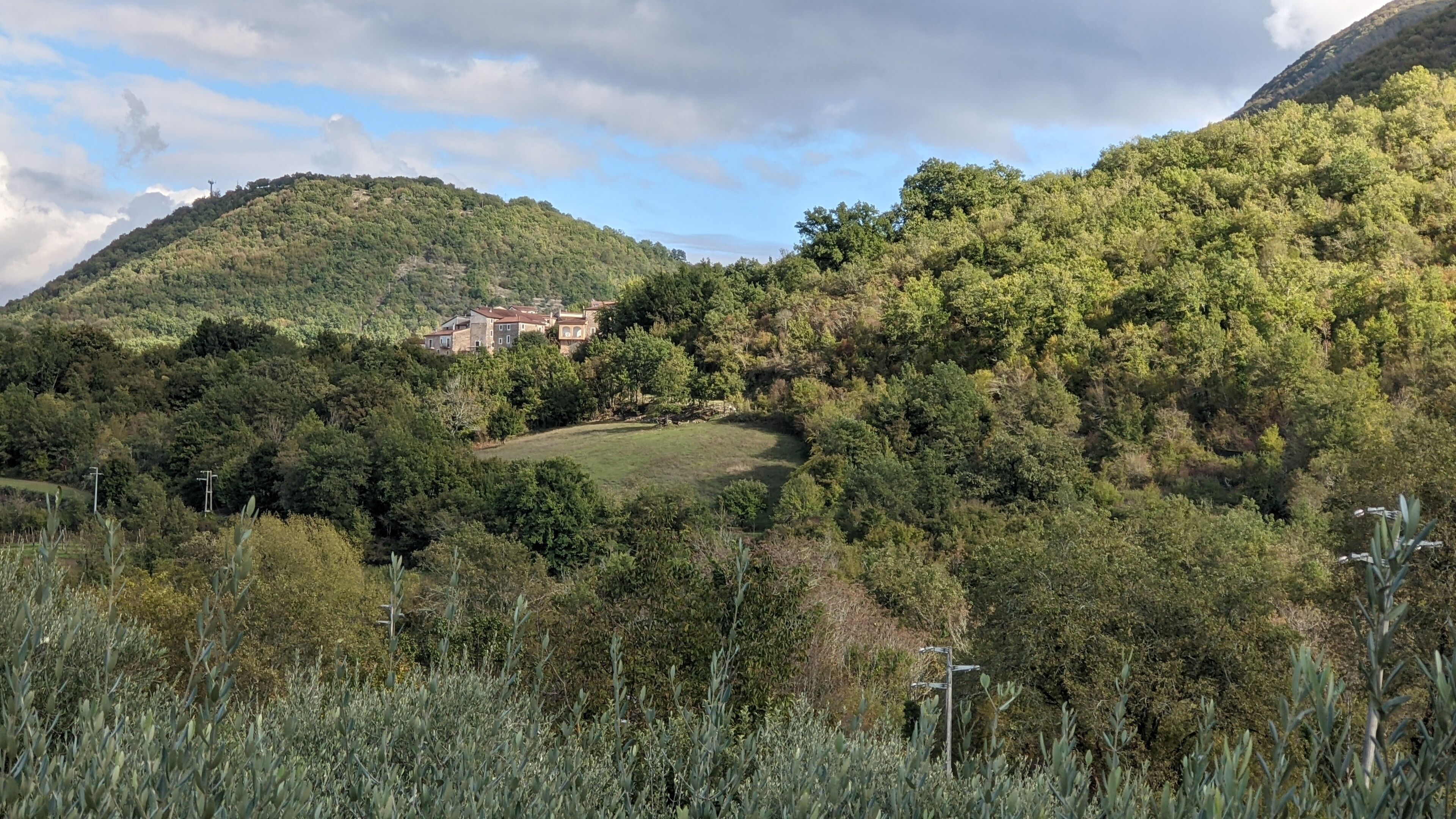 Una propiedad en la ladera de una colina con una casa rodeada de un bosque frondoso, que cuenta con una zona verde y un cielo despejado.