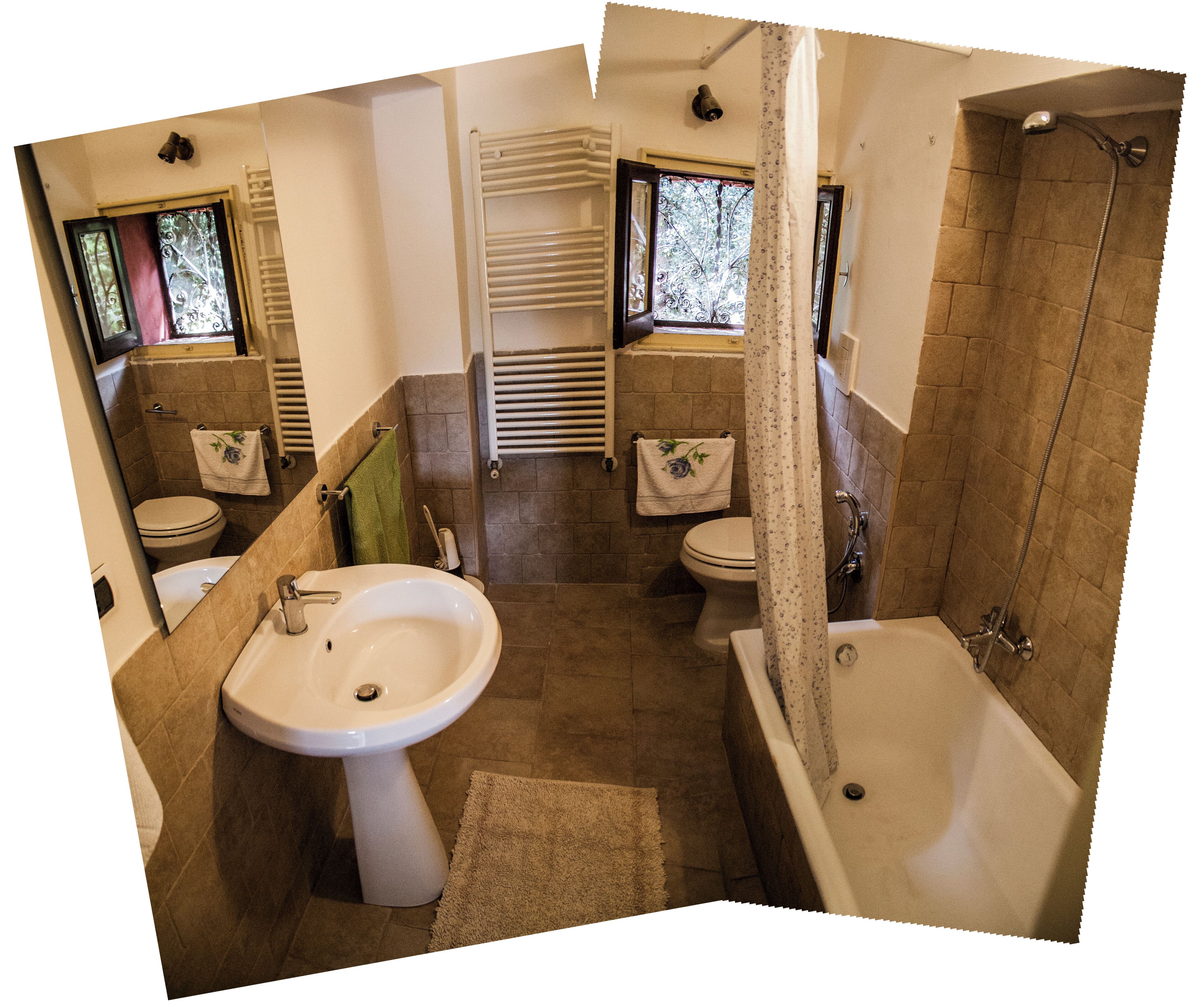 Combined shower/bathtub, hair dryer, bidet, towels