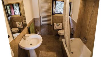 Combined shower/bathtub, hair dryer, bidet, towels