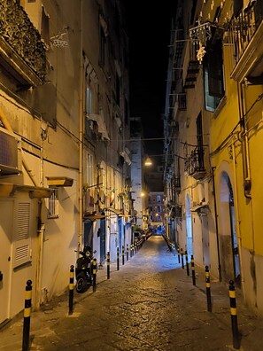 A narrow cobblestone street at night with buildings on either side, some with balconies and others with shutters.
