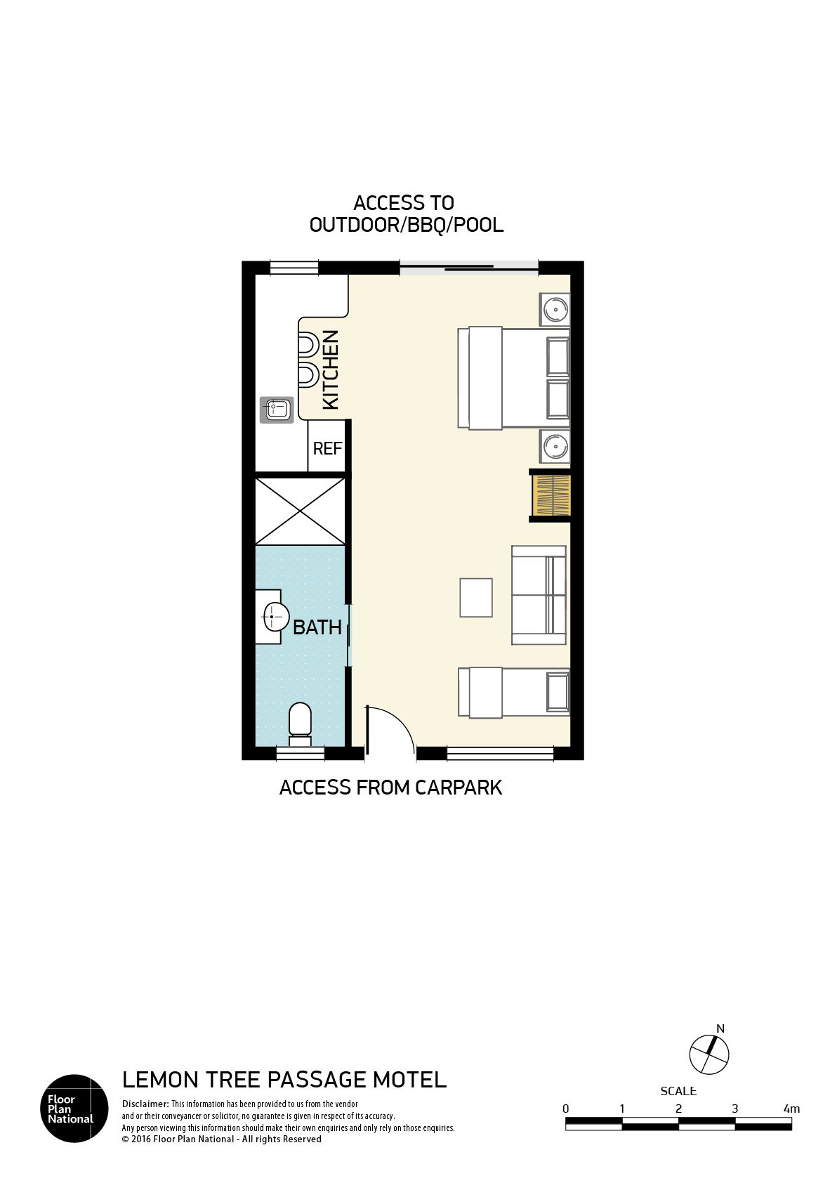 A floor plan of the Lemon Tree Passage Motel, highlighting the kitchen, bathroom, and access to outdoor areas.