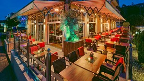Um restaurante ao ar livre com mesas e cadeiras, uma árvore central e um edifício ao fundo.