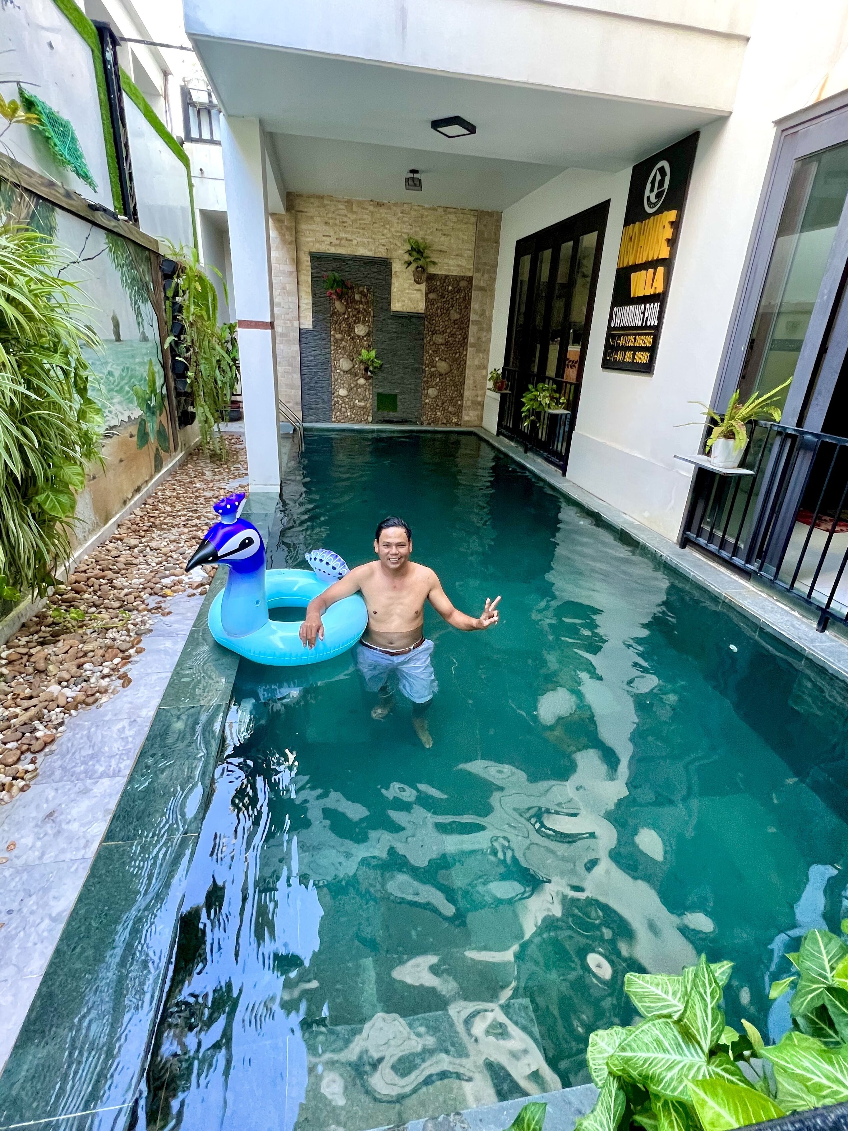 A man in a swimming pool with a blue inflatable ring, surrounded by plants and a stone wall.