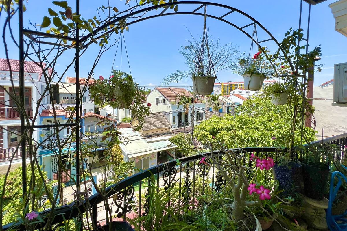 A balcony with hanging planters and a view of residential buildings.