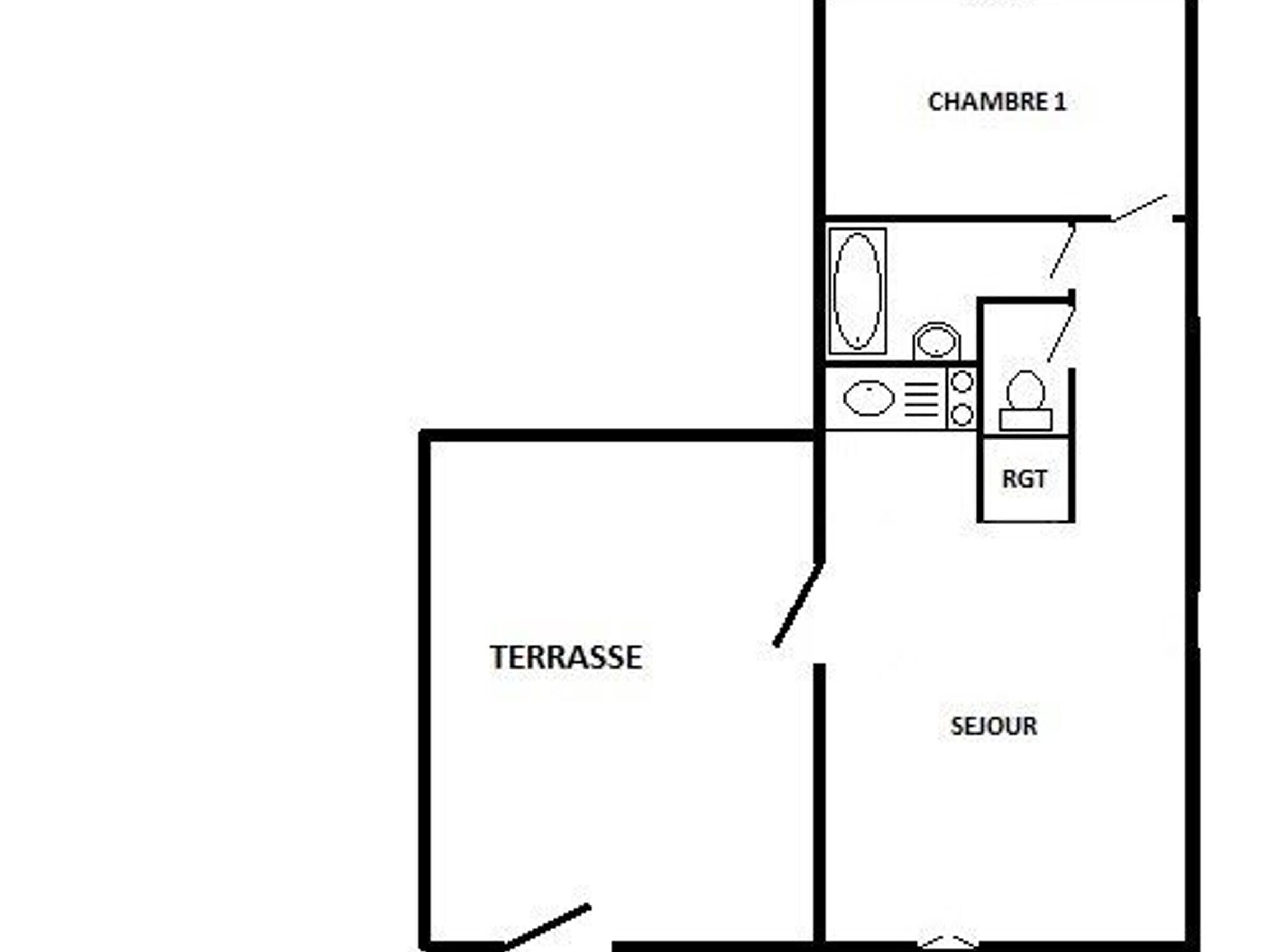 A hotel layout with a terrace, a bedroom labeled 'CHAMBRE 1', and a bathroom labeled 'RGT'.
