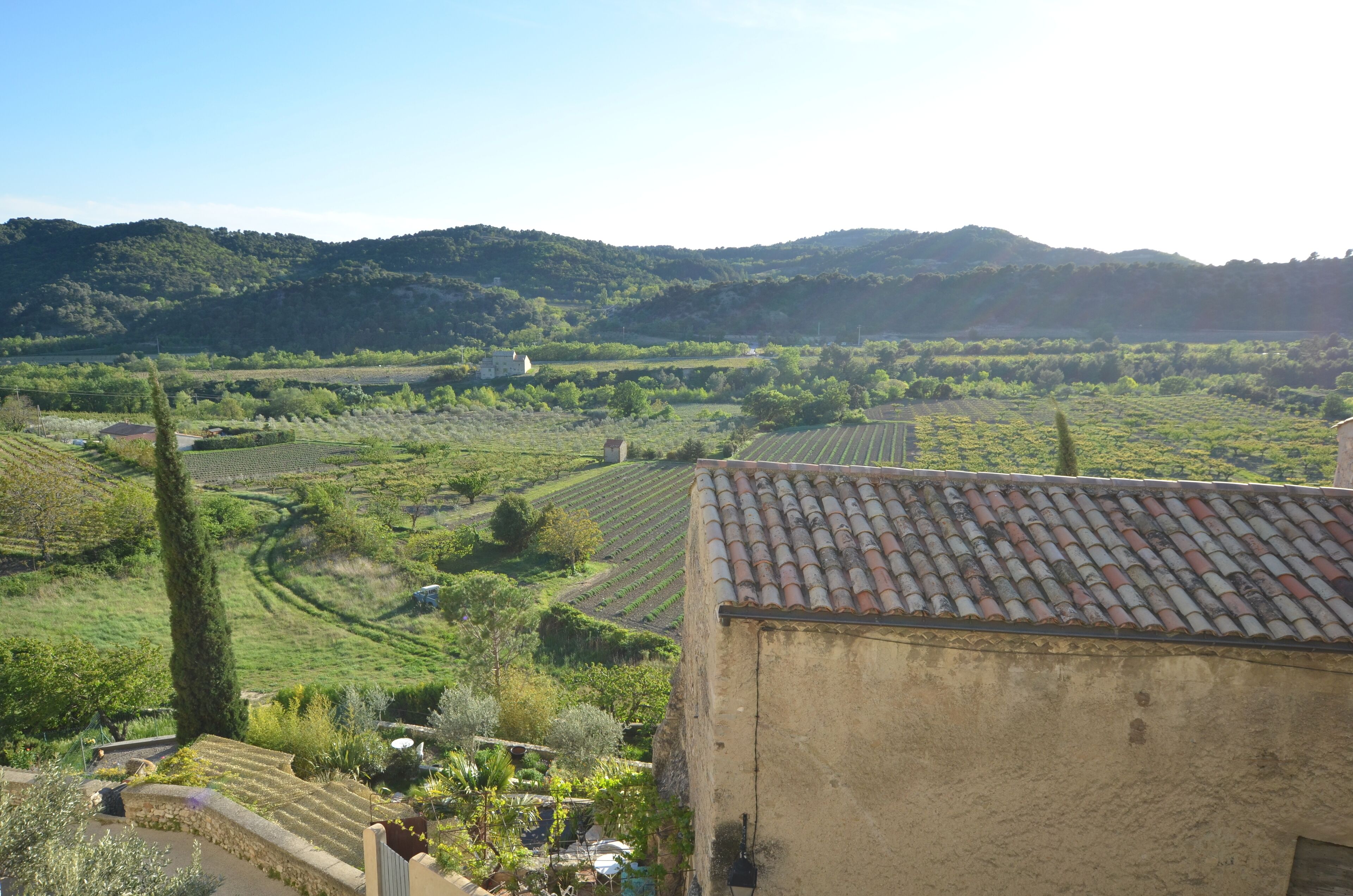 Eine Weinlandschaft mit terrassenförmigen Feldern und einem Gebäude mit Ziegeldach.