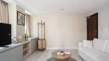 A modern living room with a sofa, a coffee table, a TV, a TV stand, a coat rack, and a window with curtains.