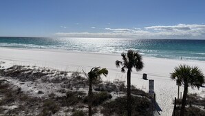 A beach with white sand, clear blue water, and palm trees.