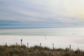 A beach with a netted fence in the foreground and a clear view of the ocean. - Tidewater 2BD+Bunk, 3BA, 2 Pools, Hot Tubs, Sauna, Gym, Theatre, Restaurant, Bar (Panama City Beach)