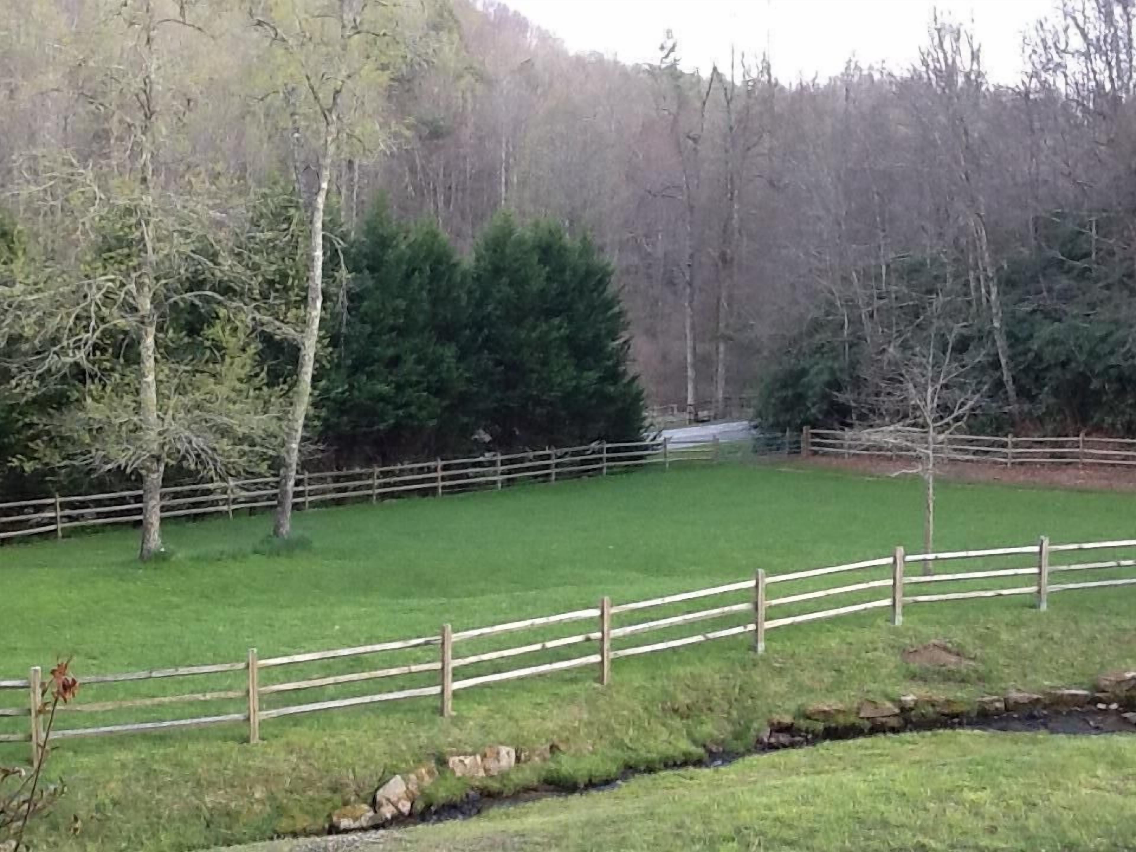 Un'area erbosa recintata, con alberi e un muro in pietra.