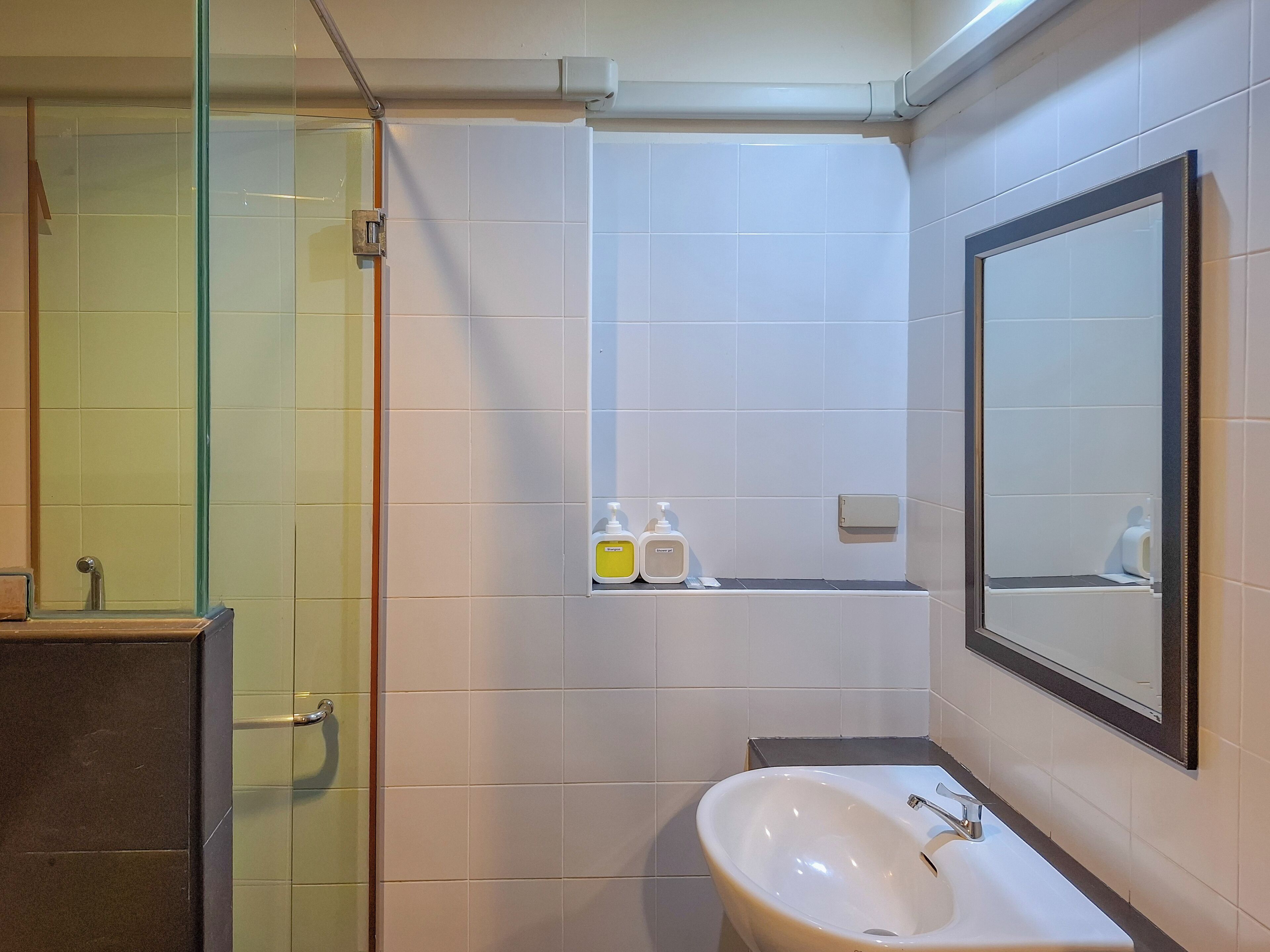 Une salle de bain avec une douche à parois de verre, un lavabo blanc avec un miroir et des articles de toilette rangés sur une étagère.