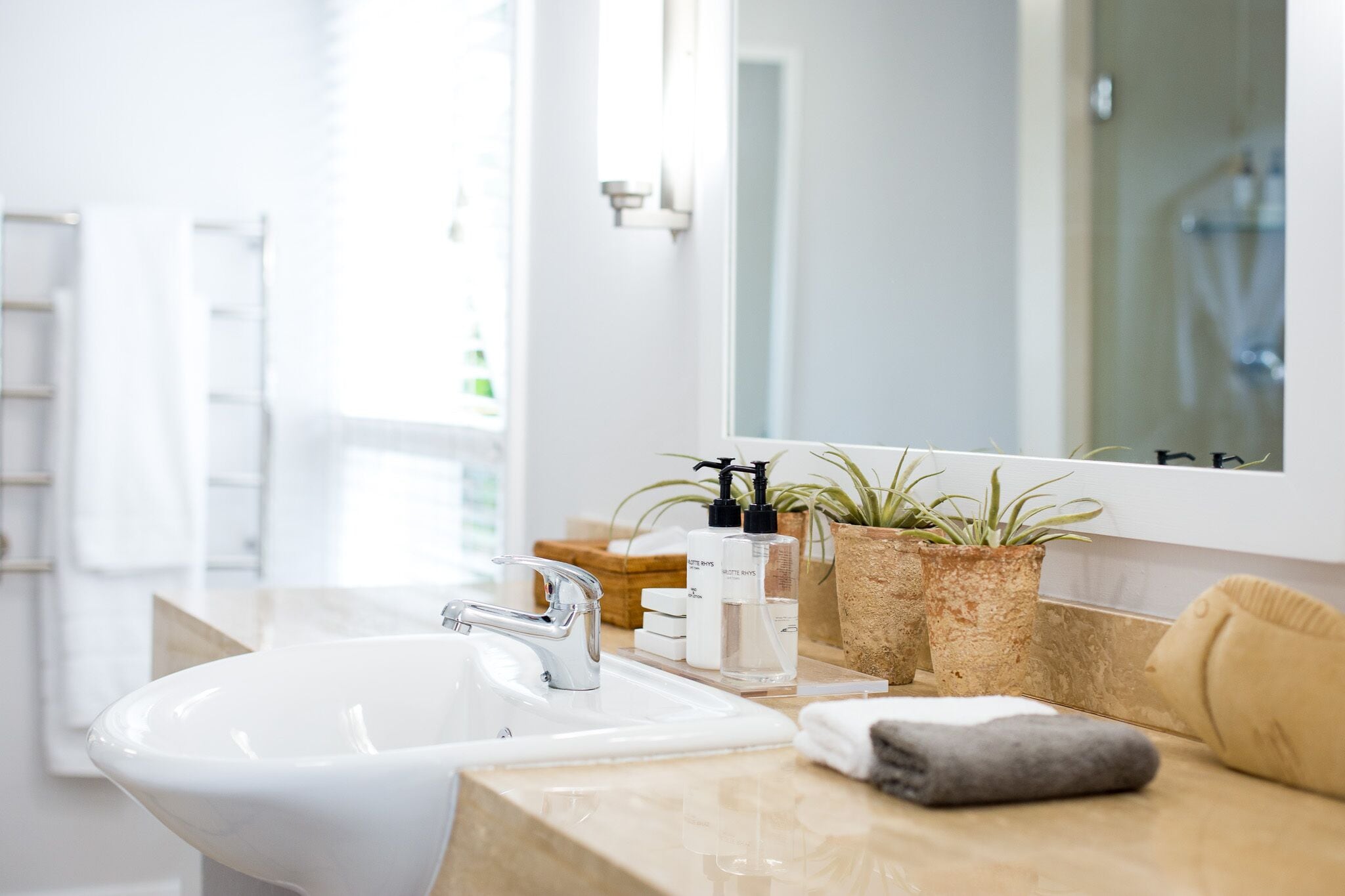 Une salle de bain moderne avec un grand lavabo, un miroir et des plantes en pot sur le comptoir.
