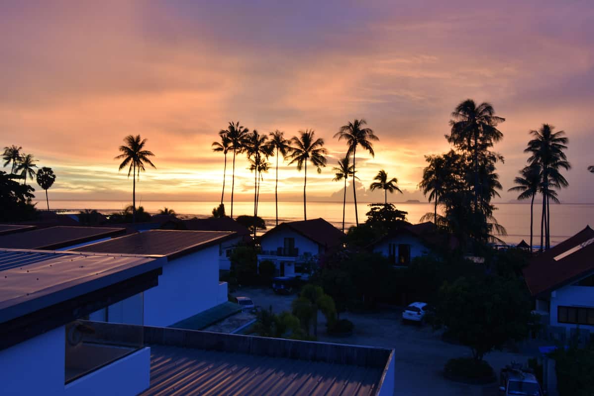 A residential area with houses, palm trees, and a sunset.