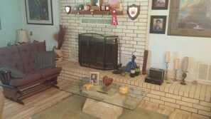 TV, fireplace, books