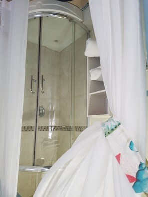 Shower, hair dryer, towels