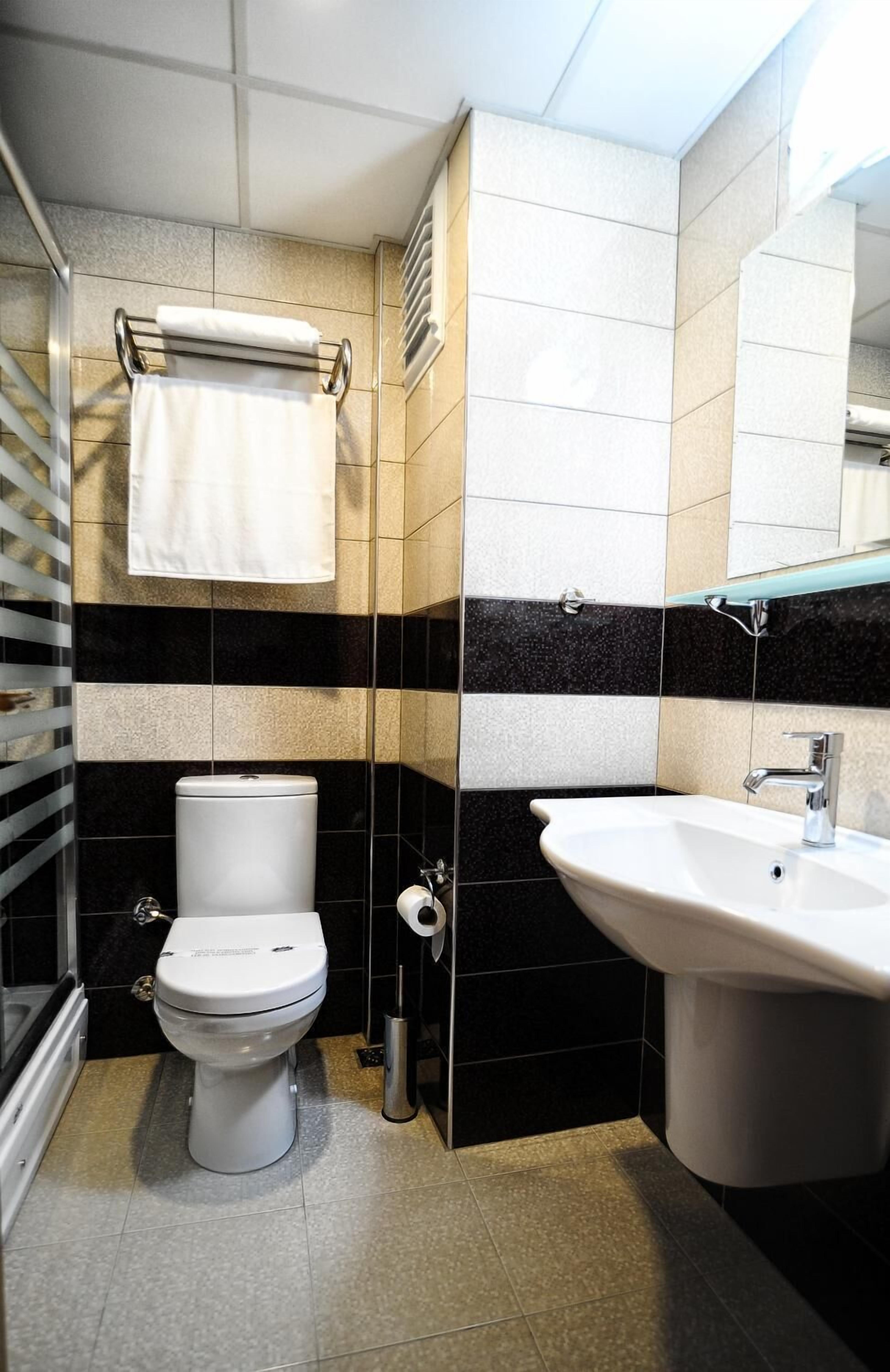 A bathroom with a toilet, sink, and towel rack.