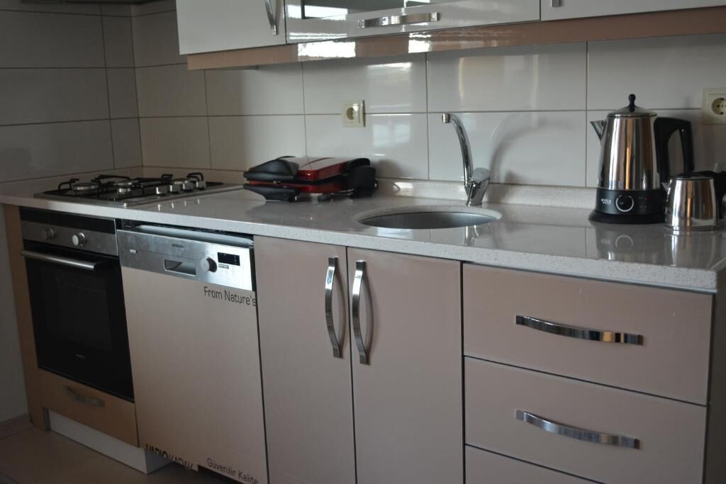 Full-sized fridge, oven, stovetop, electric kettle