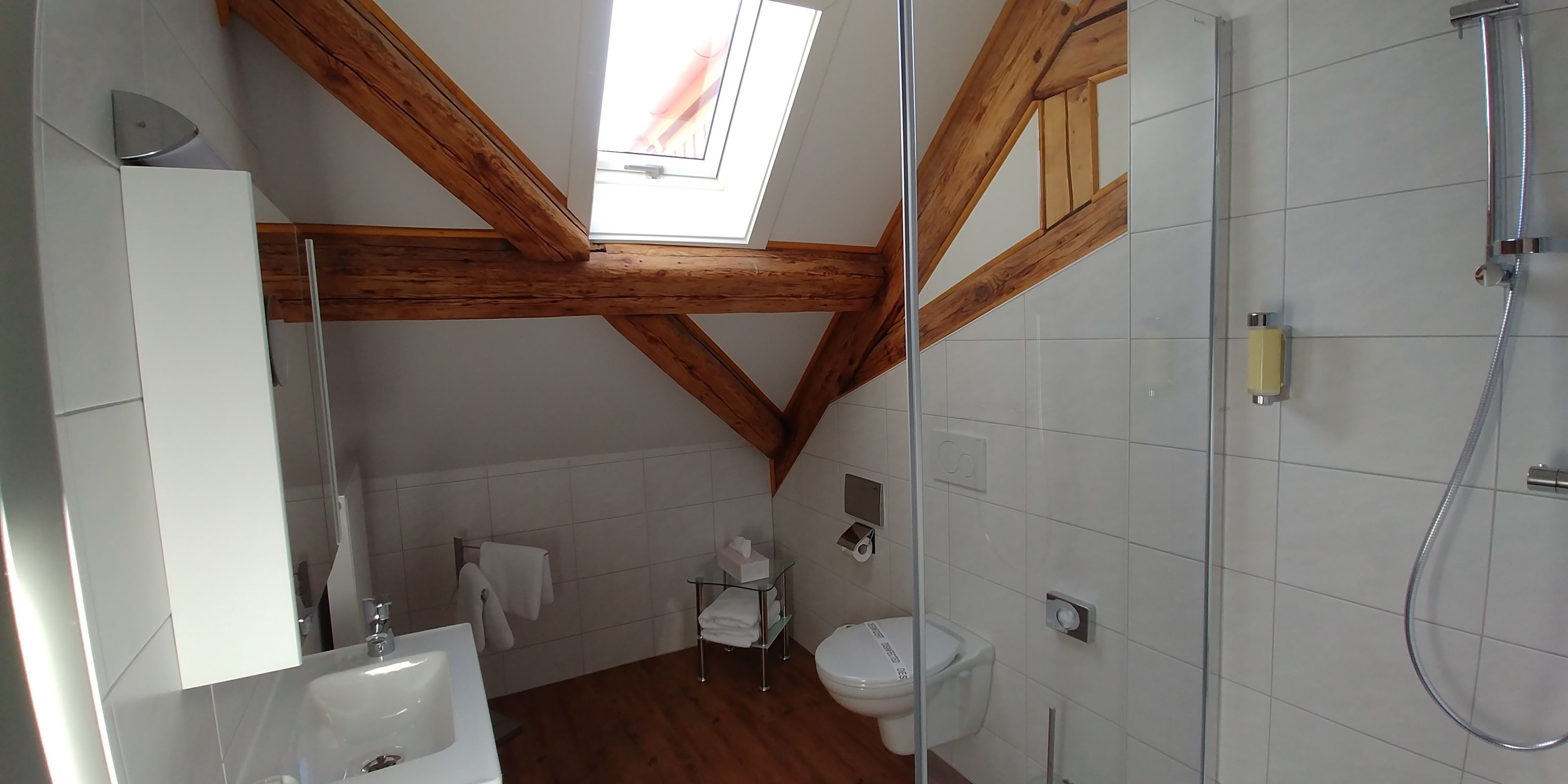 Ein Badezimmer mit Oberlicht, Holzbalken, einer Dusche und einem WC.