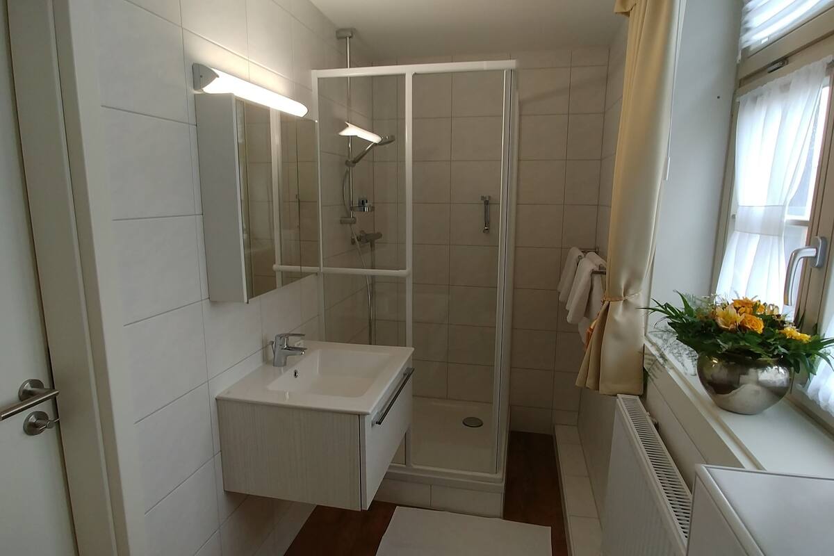 standard double room | bathroom | shower, free toiletries, bathrobes, towels