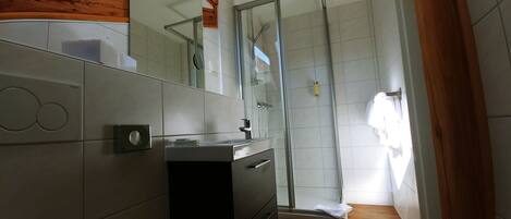 A bathroom with a glass shower enclosure, a sink with a mirror, and a wooden ceiling.
