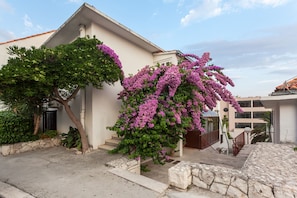 A building with a stone staircase leading to a door, surrounded by lush greenery and purple flowering plants.