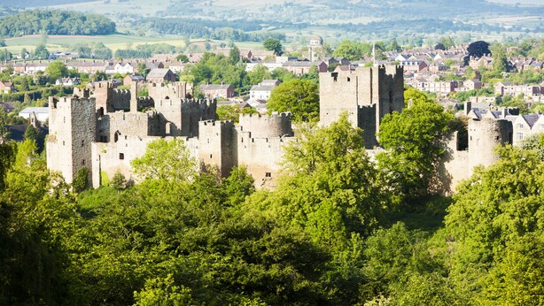 Un château historique, entouré d’une végétation luxuriante, avec une petite ville en arrière-plan.