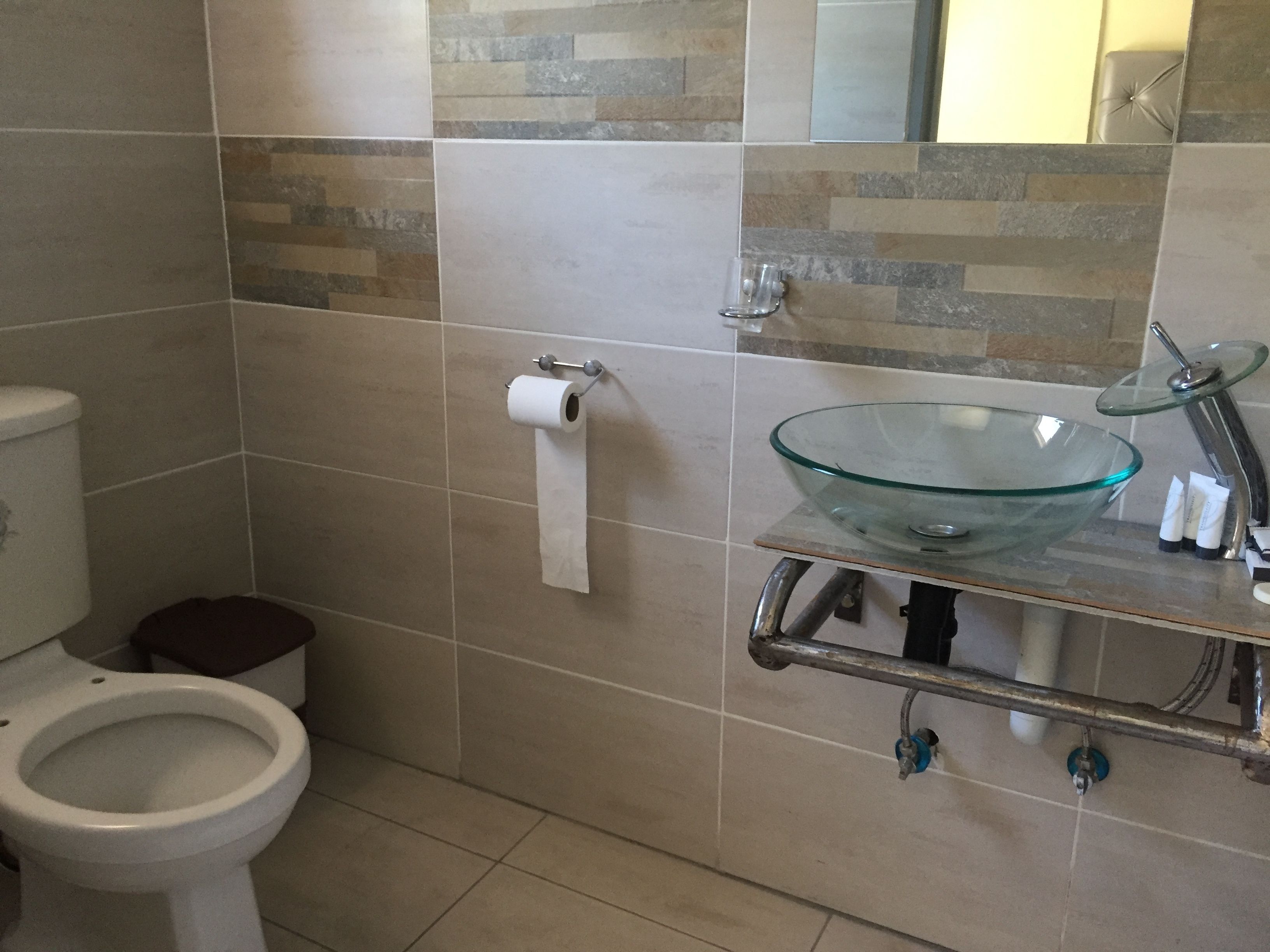 Un baño con inodoro, lavamanos de vidrio y un rollo de papel higiénico en la pared.