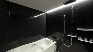 Separate tub and shower, deep soaking tub, rainfall showerhead