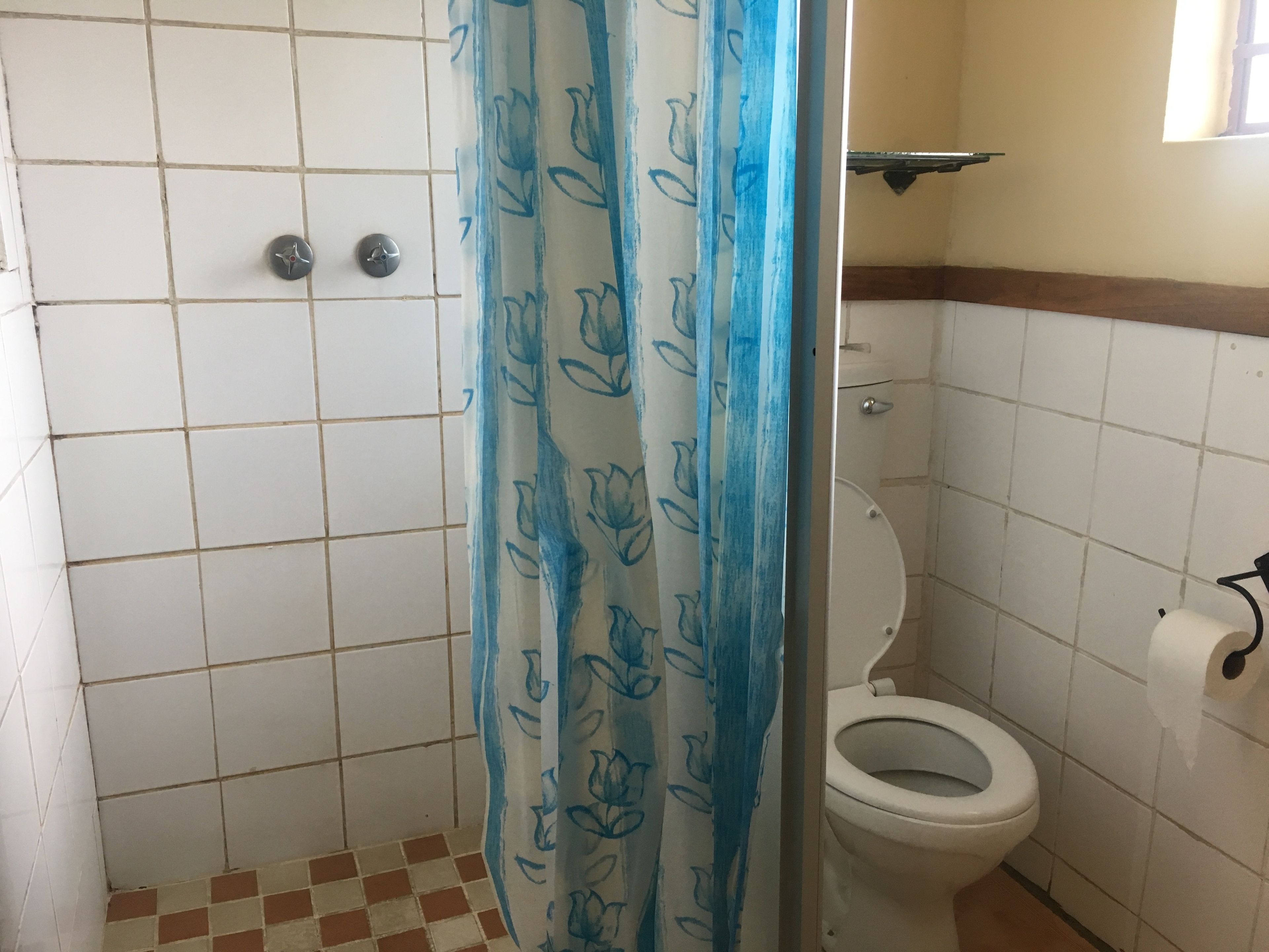 Un baño con paredes de azulejos blancos, una cortina de ducha con estampado floral, un inodoro y un rollo de papel higiénico en la pared.