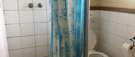 Un baño con paredes de azulejos blancos, una cortina de ducha con estampado floral, un inodoro y un rollo de papel higiénico en la pared.