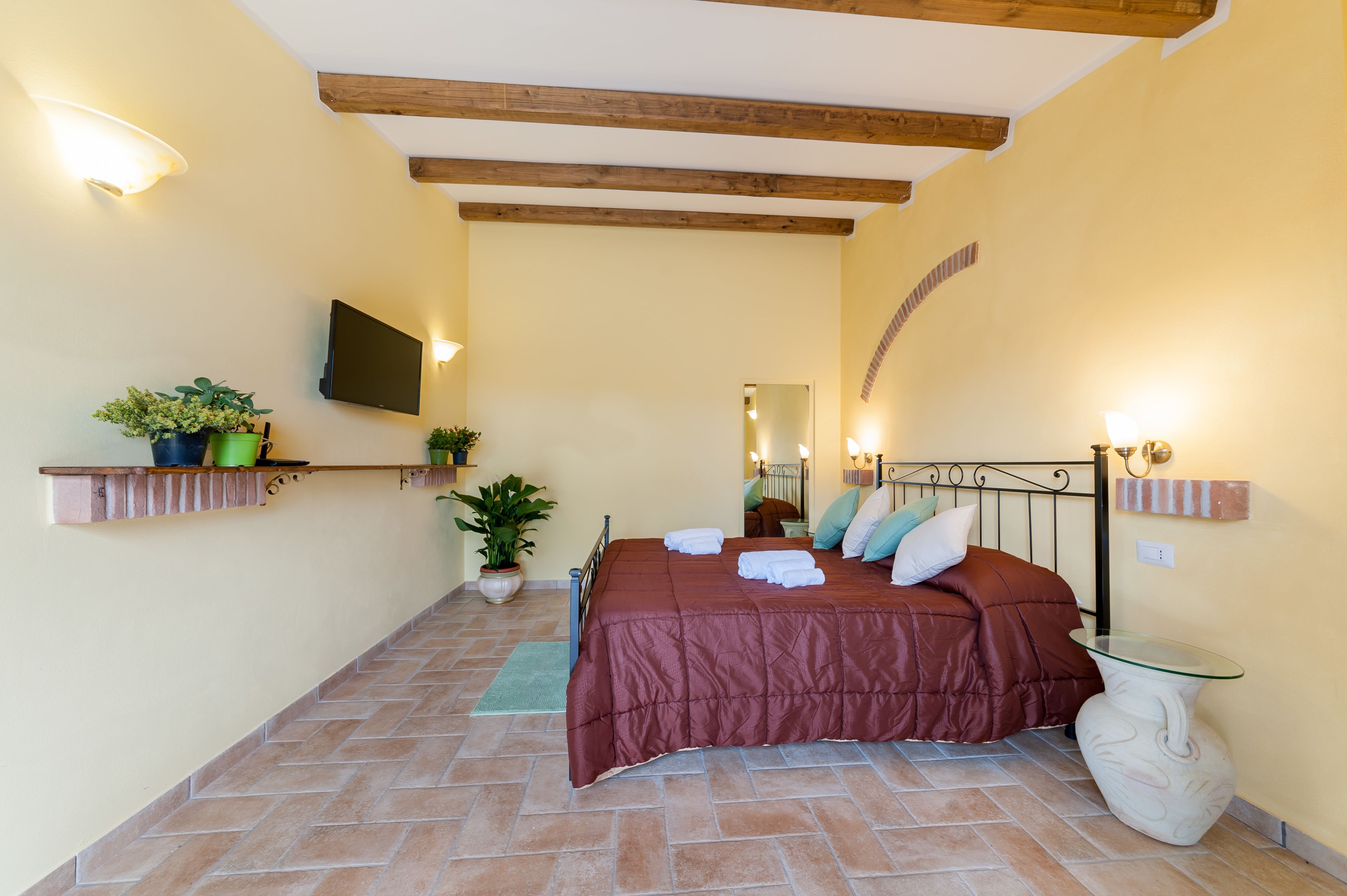 Un dormitorio con una cama, televisión, espejo y plantas en macetas.