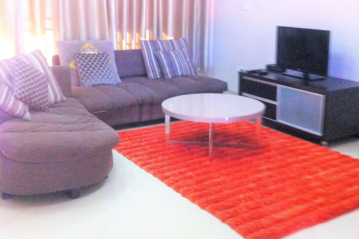 A living room with a sofa, a coffee table, a TV, and a red rug.