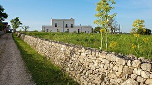 A stone wall beside a dirt road leading to a white building with multiple windows and a flat roof. - Masseria Ciavea (Gioia del Colle)