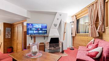 Een televisie, een open haard, een dvd-speler en boeken