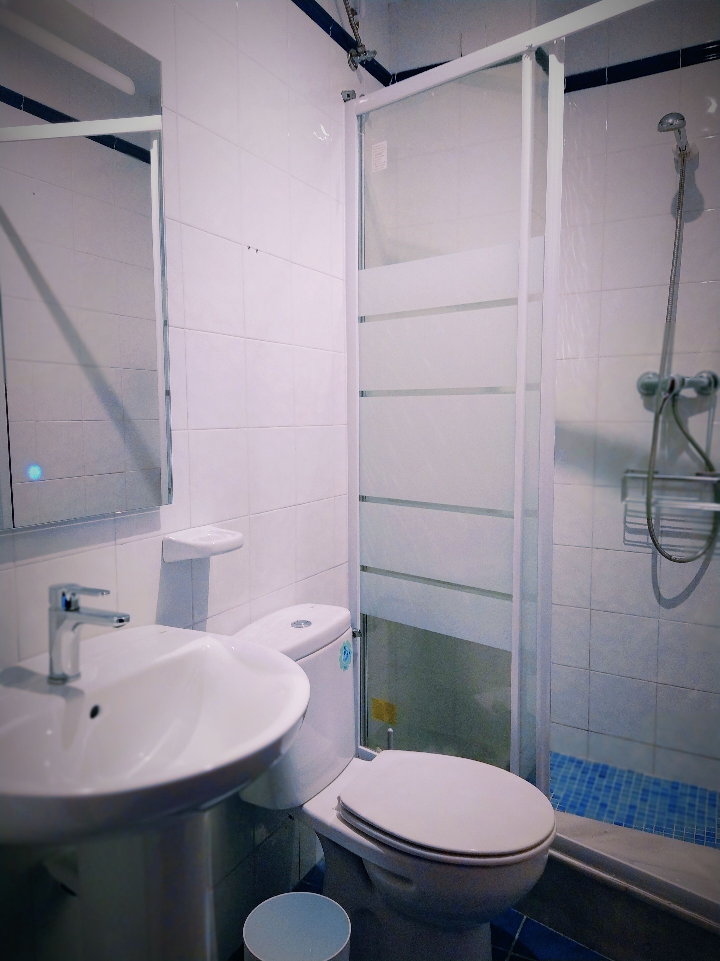 Une salle de bain avec des toilettes, un lavabo et une douche.