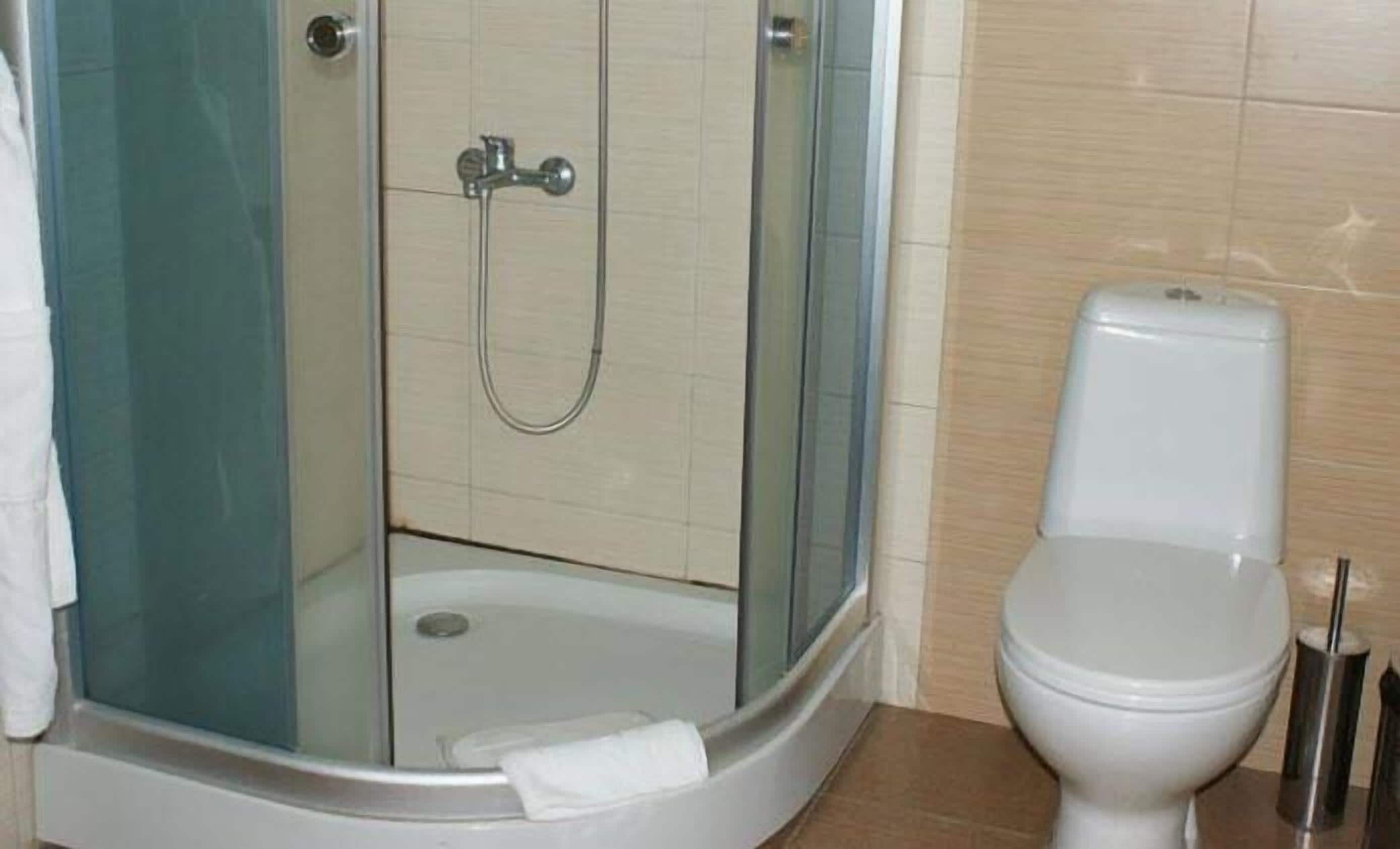 Une salle de bain avec une douche à parois de verre, des toilettes et un porte-serviettes.