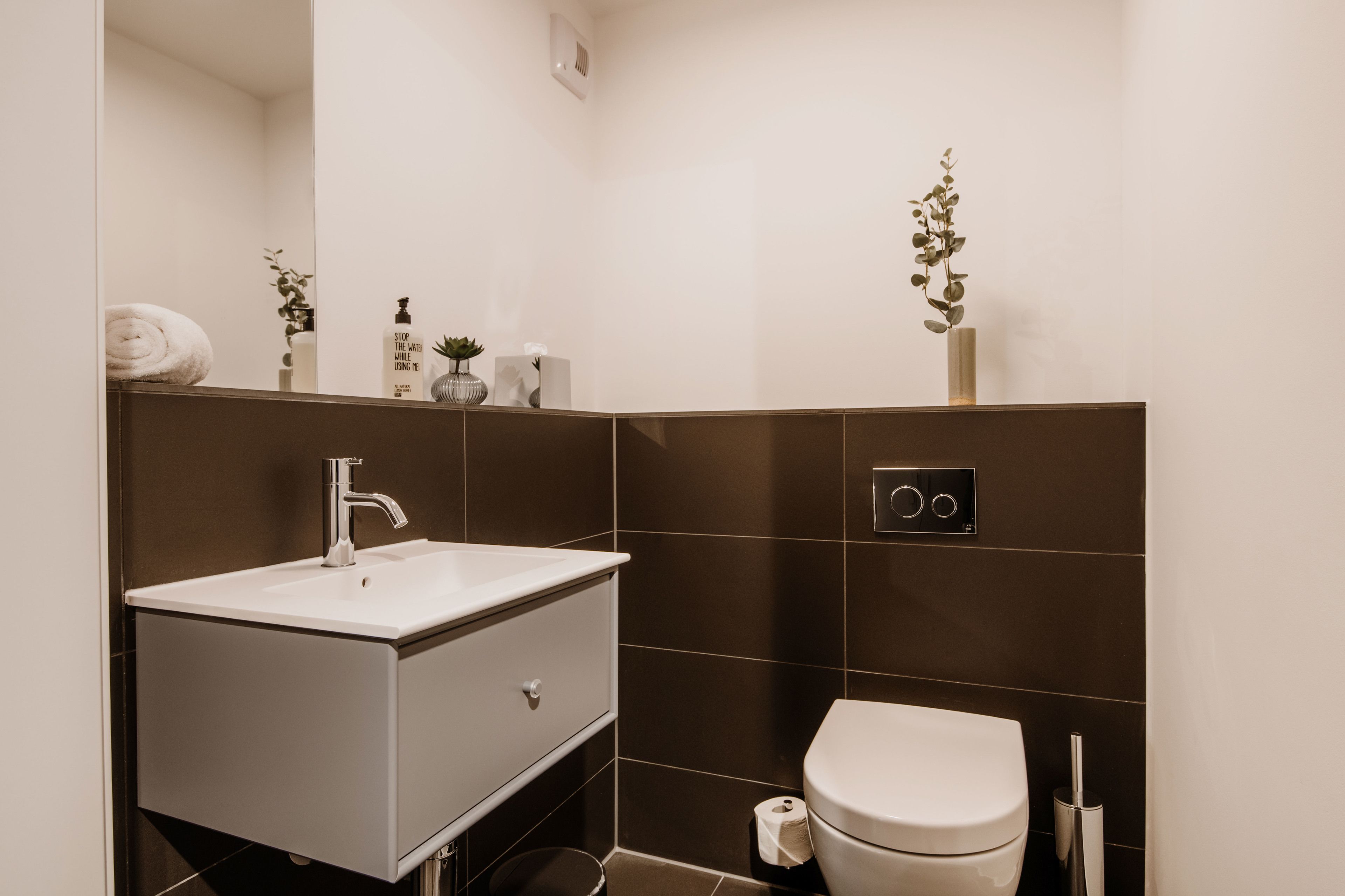 Un baño moderno con un lavamanos blanco, baldosas marrón oscuro, un inodoro y una pequeña planta en la pared.