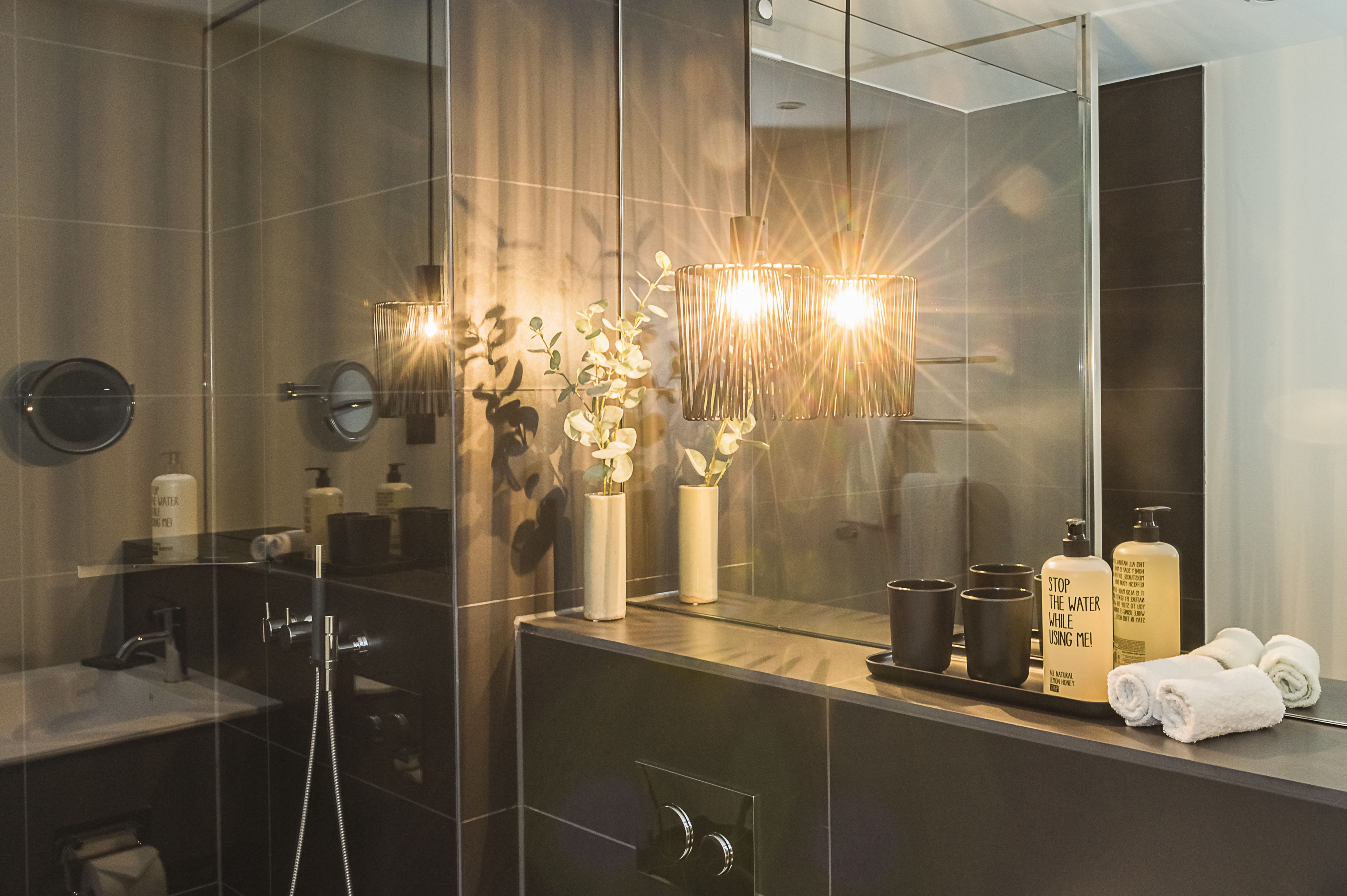 Produtos de toalete grátis, secador de cabelo, toalhas de banho 