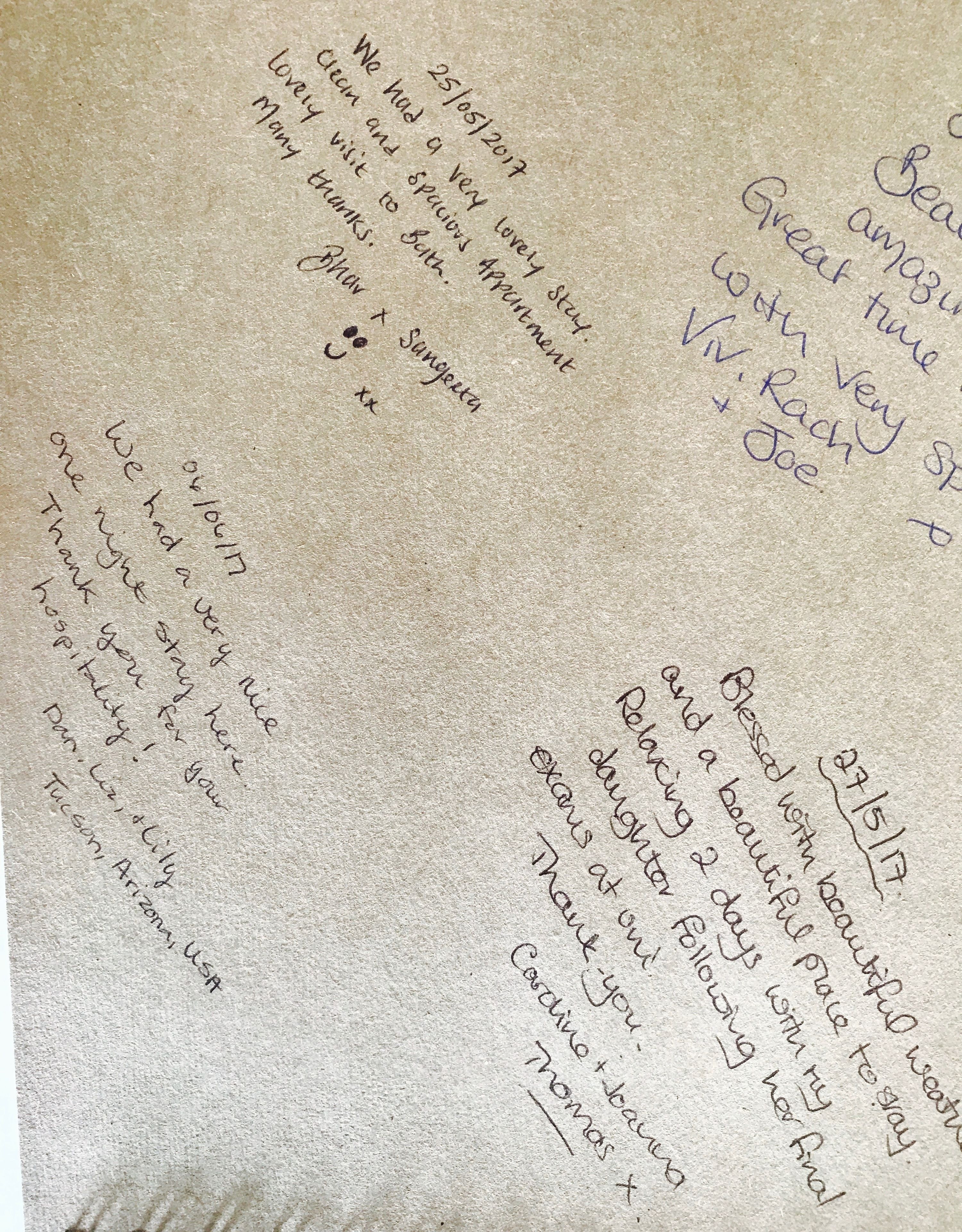 A handwritten note on textured paper, dated 25/05/2017, expressing gratitude for a lovely stay and mentioning a visit to a spa.
