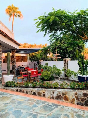 A patio area with a stone floor, a dining table with red chairs, and various plants including a palm tree and cacti.