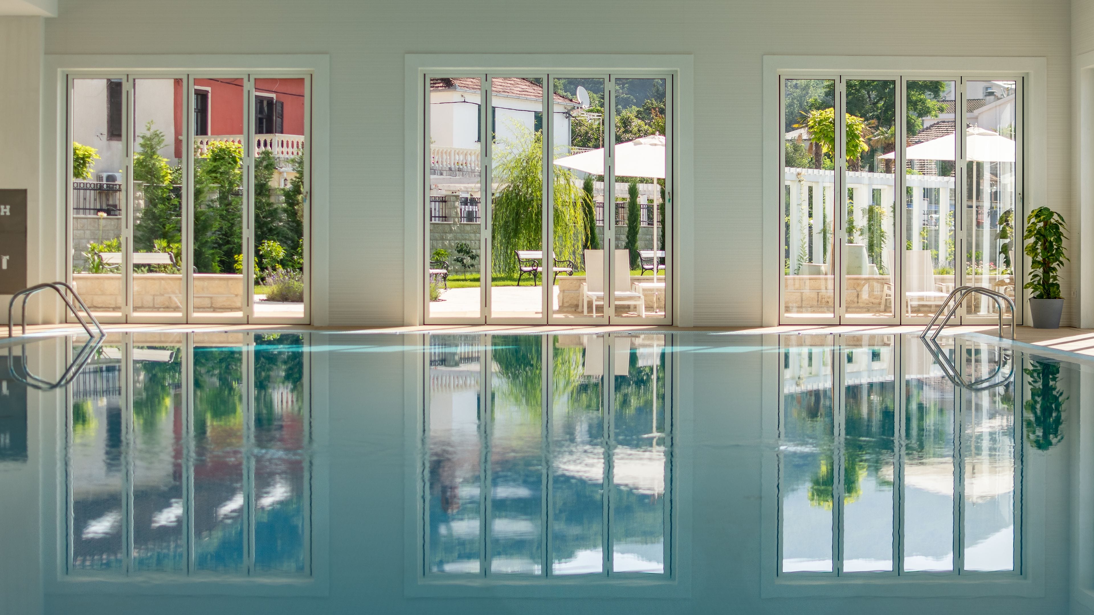 indoor pool, seasonal outdoor pool, pool loungers