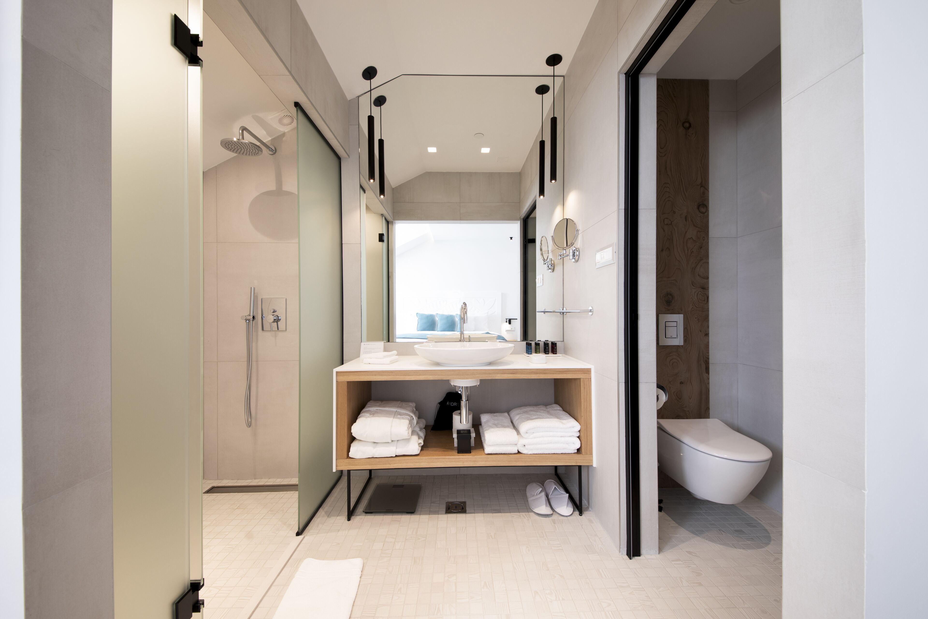 A modern bathroom with a walk-in shower, a large mirror, and a toilet.