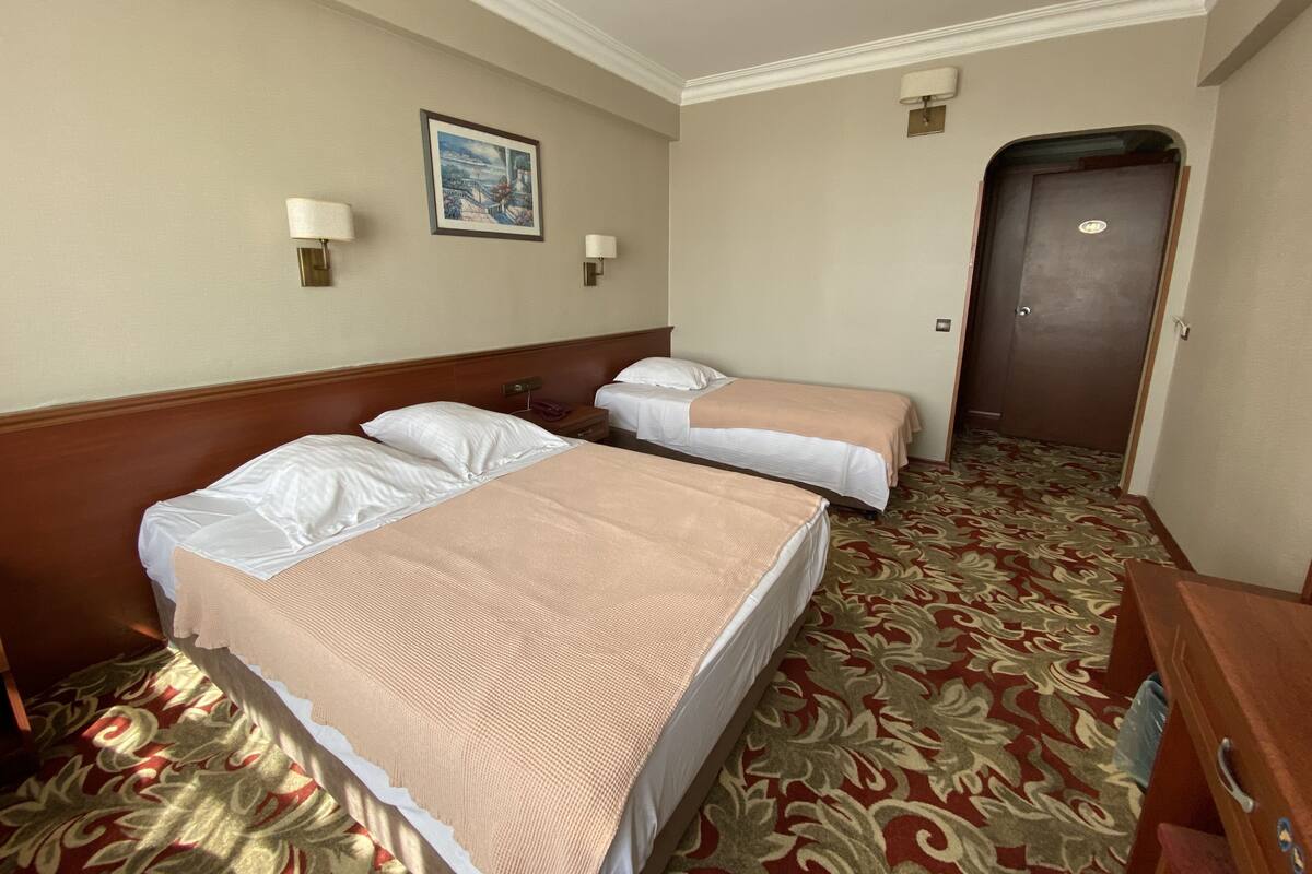 A hotel room with two beds, a carpeted floor, a door, and a wall-mounted picture.