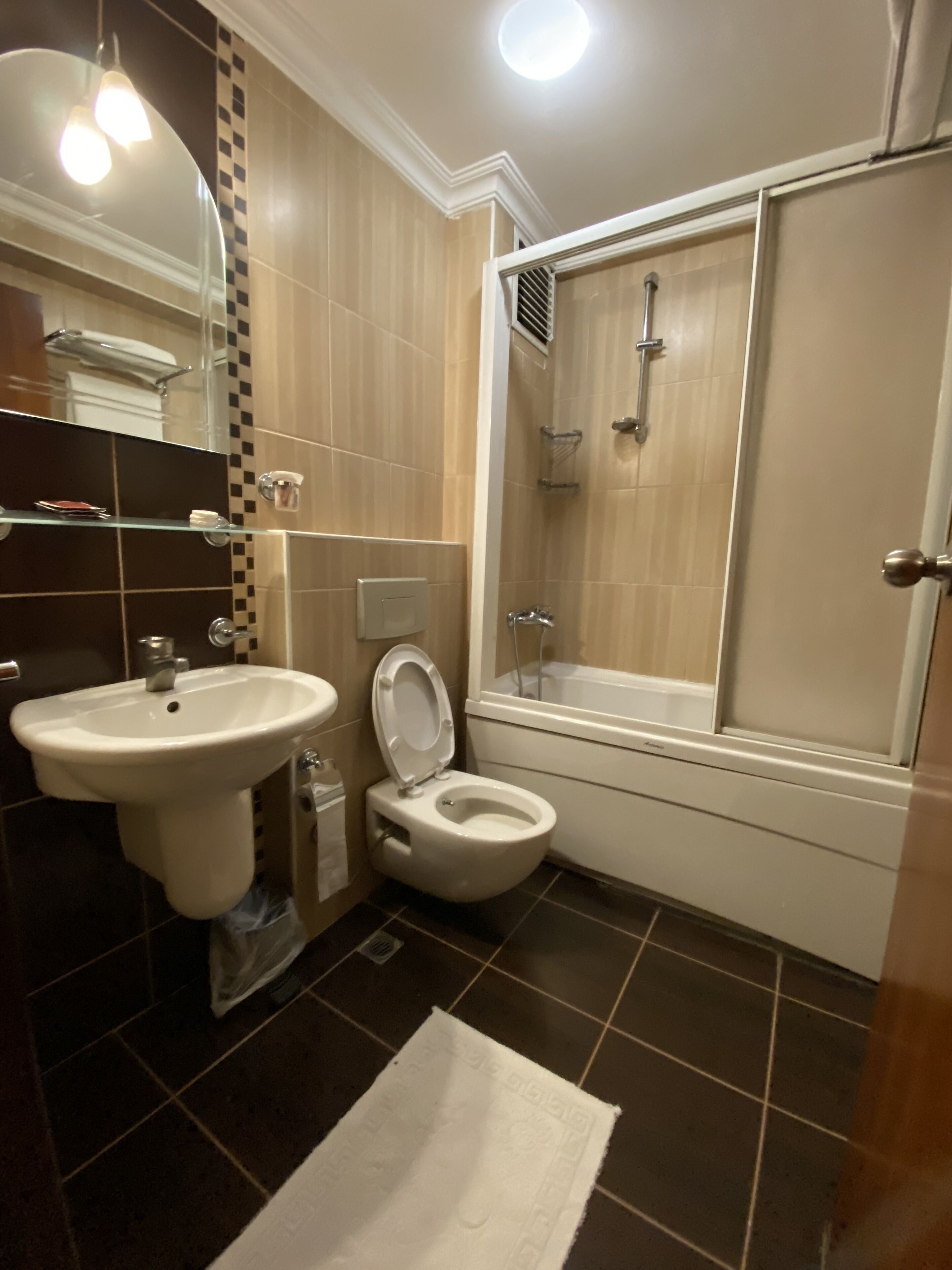 A bathroom with a sink, toilet, and shower.