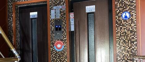 An elevator with a mosaic wall design, a digital display, and a weight limit sign.