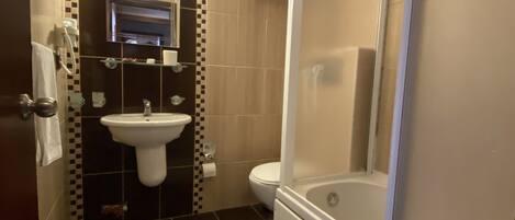 Une salle de bain avec un lavabo, des toilettes et une douche.