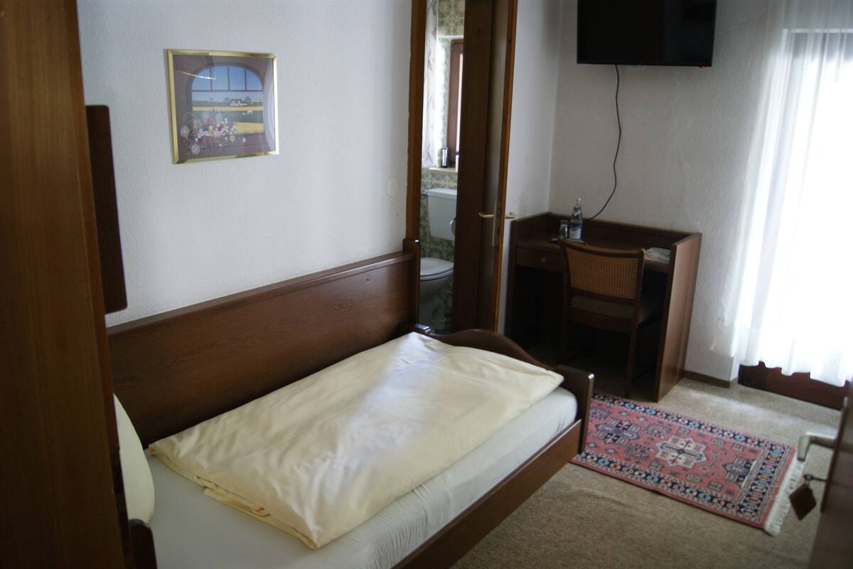 A bedroom with a wooden bed, a desk, a chair, a television, and a window with curtains.