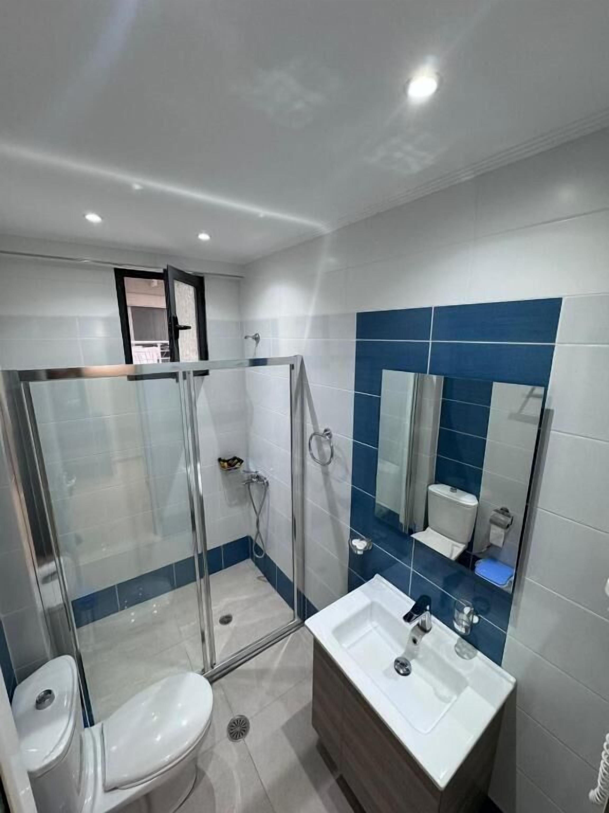 A modern bathroom with a glass-enclosed shower, a white toilet, and a vanity with a mirror.