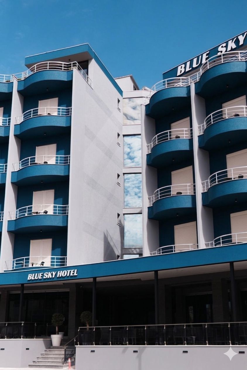 Un hotel de diverses plantes amb balcons, un cel serè i la façana amb la inscripció 'BLUE SKY HOTEL'.